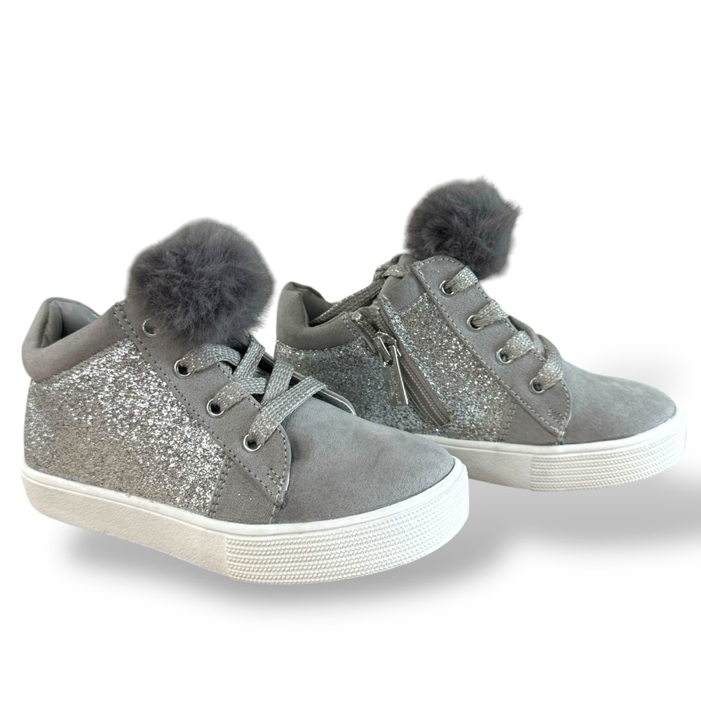 Kids Size 10 Glitter Gray Shoes with Pom-Poms Kenneth Cole New York - Picture 2 of 7